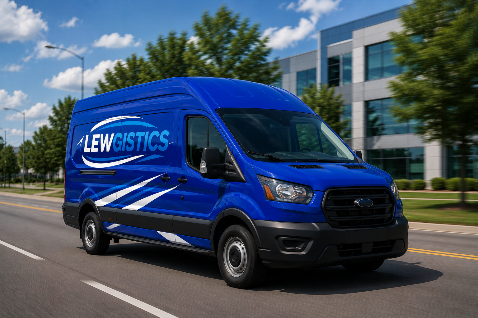 Lewgistics cargo van driving through a business district
